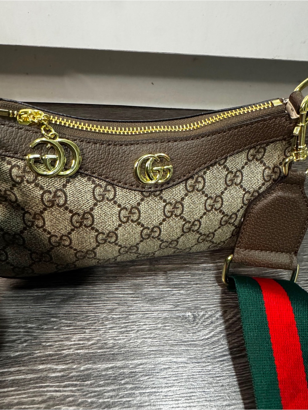 Gucci Brown GG Supreme Crossbody with Green-Red Web Strap